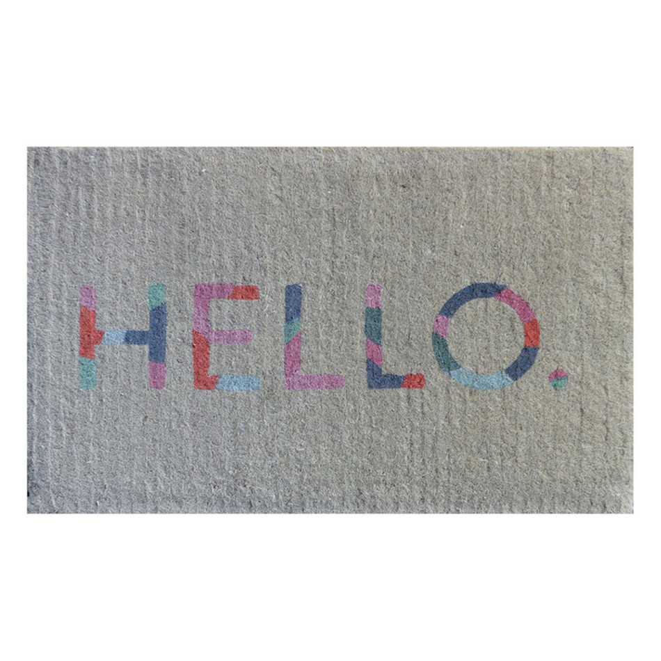 Mushroom grey-beige coir doormat printed with HELLO in colourful capital letters